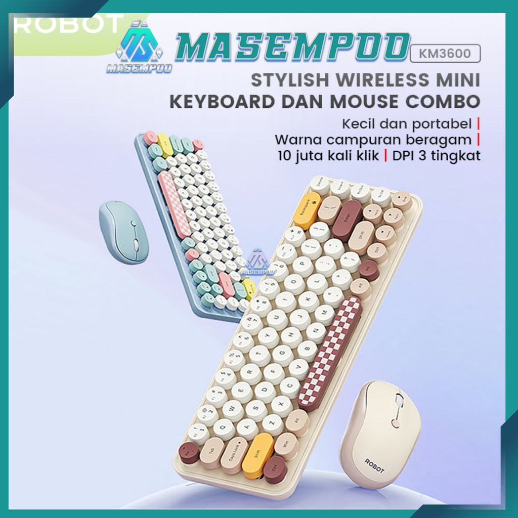 ROBOT KM3600 Wireless Keyboard Mouse Combo Set 2.4G Pastel Colorful Aesthetic Mini Compact Portable