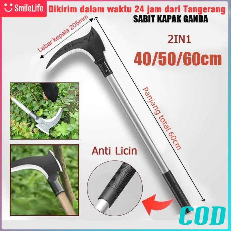 Sabit Arit Rumput Baja Asli Sabit Kapak Ganda Alat Panen Padi Potong Rumput Alat Pemotong Ranting Pohon Multifungsi Genggam Smilelife