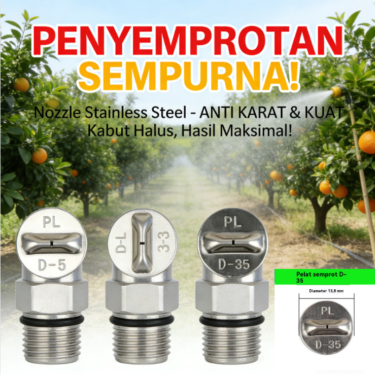 COD Nozzle Semprot Stainless Steel D3 D5 D35 Flat Fan Kabut Halus untuk Alat Semprot Pertanian Taman Perkebunan Anti Karat Tahan Lama Cocok Pestisida Pupuk Cair Ready Stock Banyak Nozel dan pelat semprot