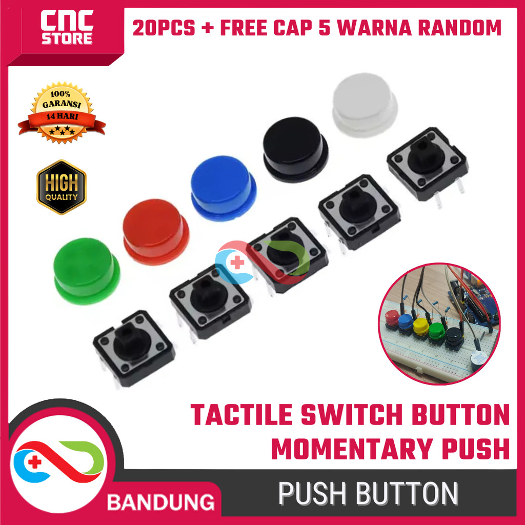 Jual Tactile Switch Push Button + Free Cap 5 Warna – 20PCS Momentary ...