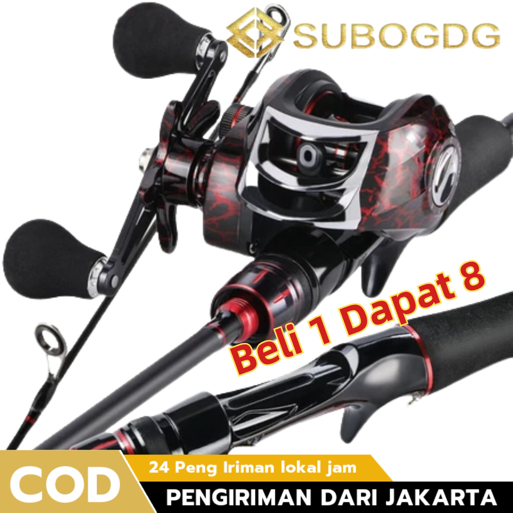 SUBOGDG - Pancing Set Komplet 8 in 1 - [Joran Carbon + Reel Baitcast 7.2:1] - Warna Hitam Merah - PILIH TIPE: Spinning / Baitcast - Lengkap Aksesoris & Siap Pakai untuk Pemula - Bergaransi