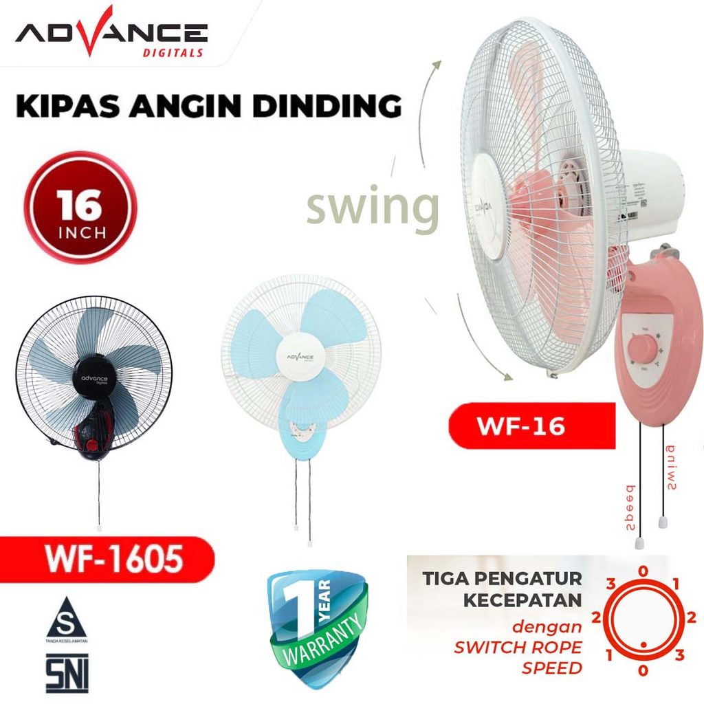 [Garansi 1 Tahun] Advance Kipas Angin Dinding 16 inch Hembusan Angin Kencang Dengan Daya 60 Watt  Kipas Low Watt Fan 16/1605