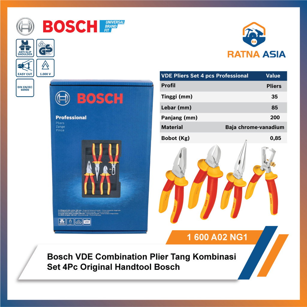 Jual Bosch VDE Combination Plier Tang Insulasi Kombinasi Mixed Set 4 Pc ...