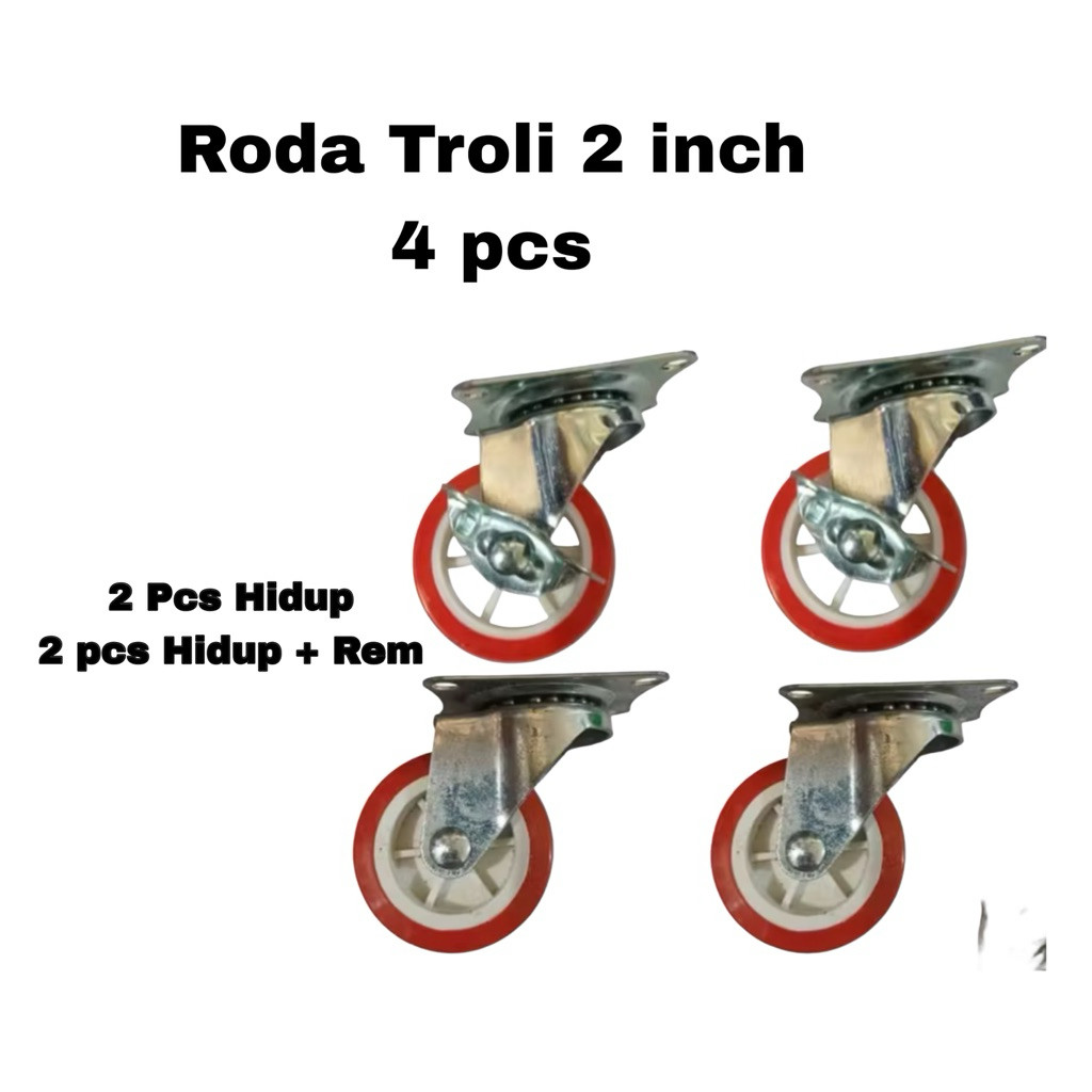 Jual Roda troli merah nylon 2 inch 4 pcs hidup dan hidup rem roda ...