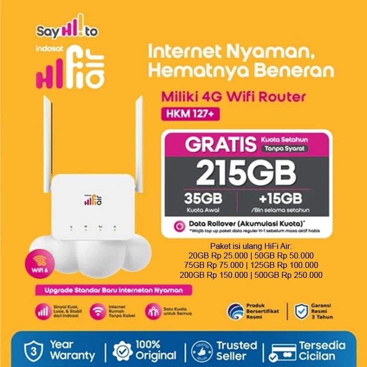 Indosat HiFi Air HKM0127+ Modem Wifi Router 4G LTE Gratis 215GB Kuota Setahun Tanpa Syarat Unlock All Operator
