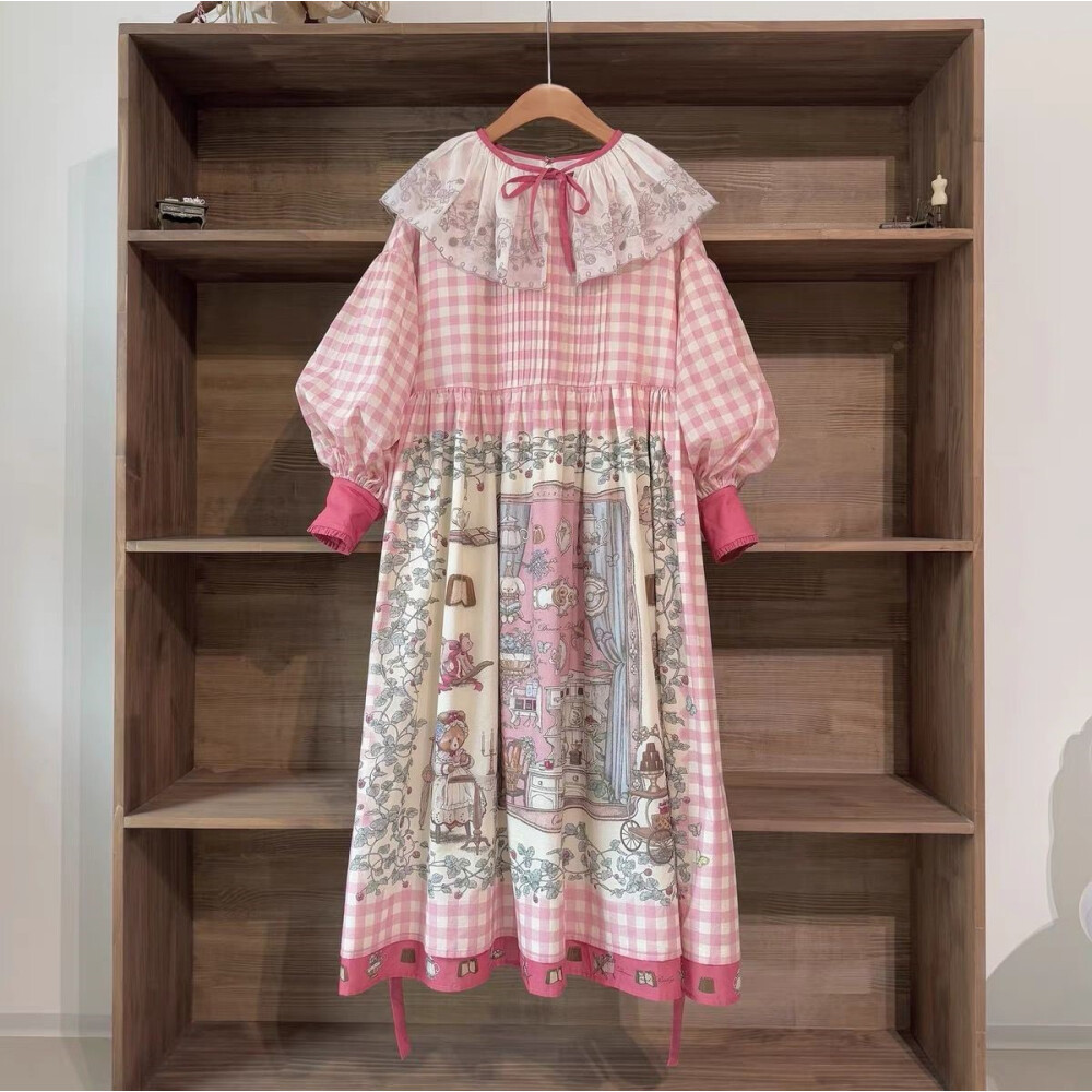 Jual CHICMORE Gaun midi longgar motif kotak kotak gaya manis leher ...