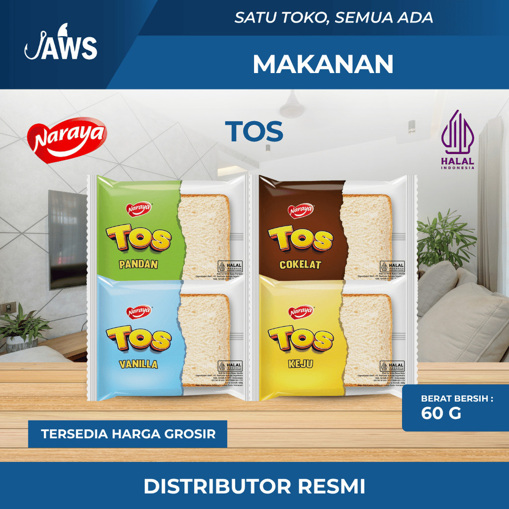 Jual NARAYA TOS 60gr Roti Halal Lembut Rasa Coklat / Keju / Vanilla ...