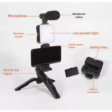 Tripod Vlogging HP Mini Dengan Microphone Dan LED Light Stand Smartphone Untuk Live Streaming