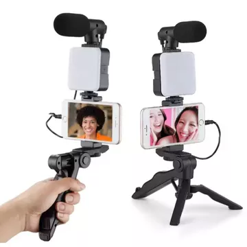 Tripod Vlogging HP Mini Dengan Microphone Dan LED Light Stand Smartphone Untuk Live Streaming