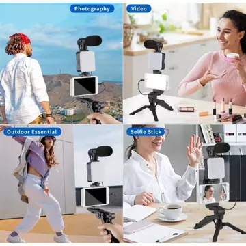 Tripod Vlogging HP Mini Dengan Microphone Dan LED Light Stand Smartphone Untuk Live Streaming