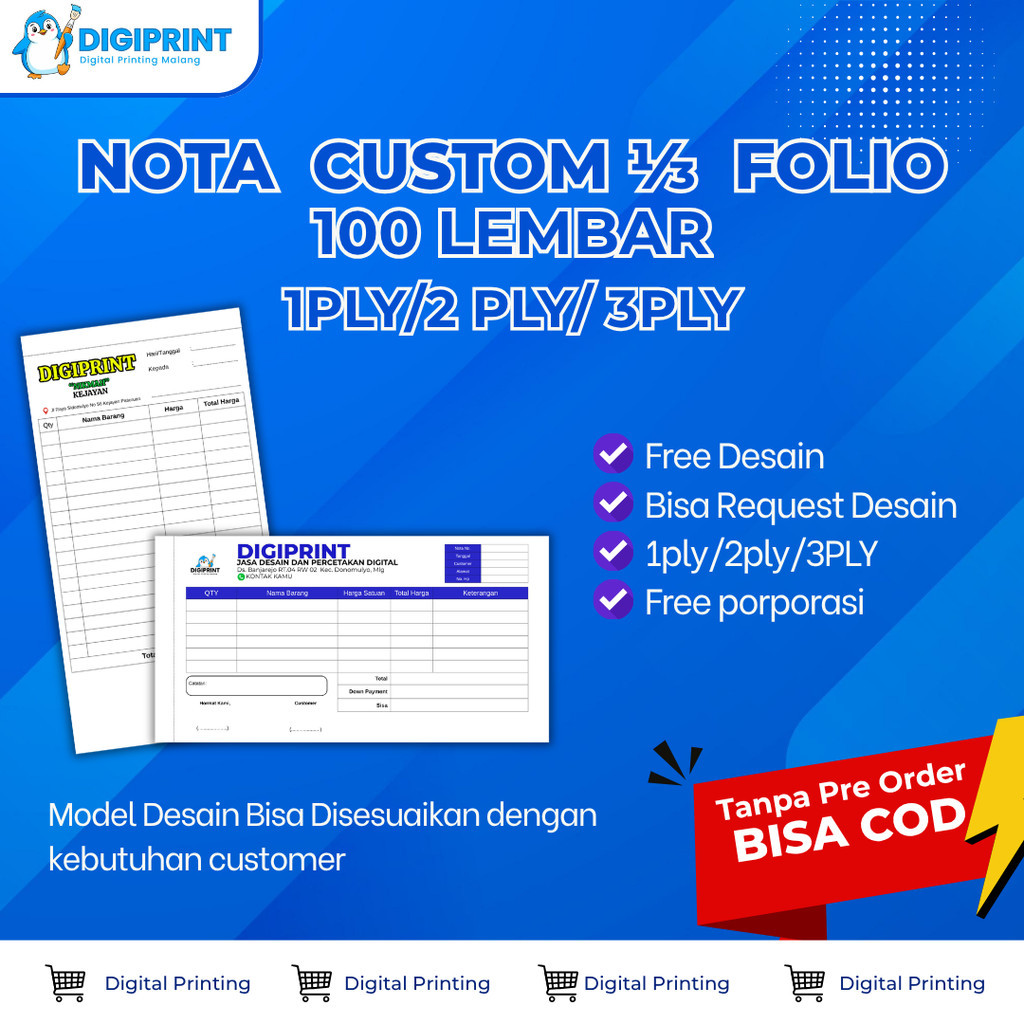 Jual [TANPA PO] Nota Custom 100 Lembar Ncr 1/3 Folio 11 X 21 CM Free ...