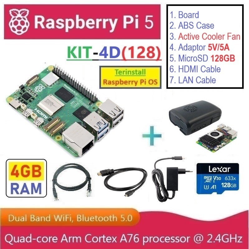 Jual KIT-4D(128) : Raspberry Pi 5 (4GB RAM) - Complete SET (MicroSD ...