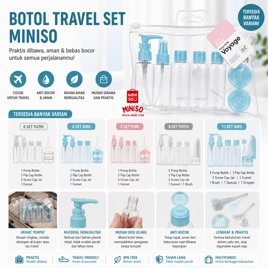 Jual Official BALI MINISO Set Botol Travel Container Bottle Travel Set ...