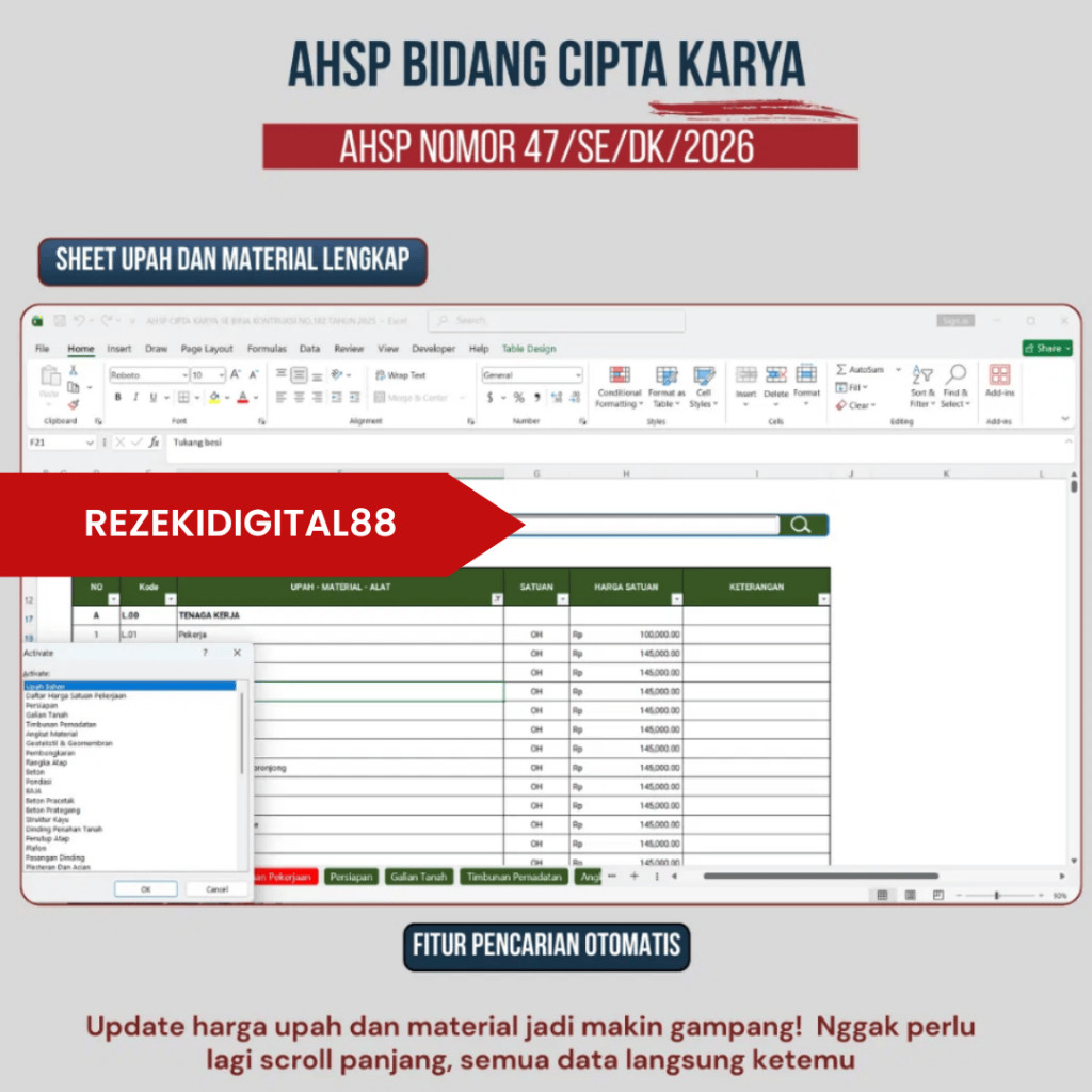 Jual (137) Template AHSP PUPR No 47 Tahun 2026 - Analisa Harga Satuan ...