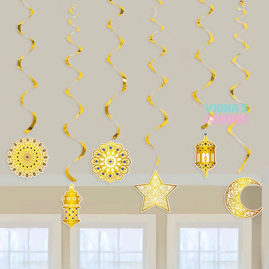 Hiasan Gantungan Ramadhan Lebaran 6 Pcs Gold Dinding Idul Fitri Dekorasi Pesta Aqiqah Hajatan