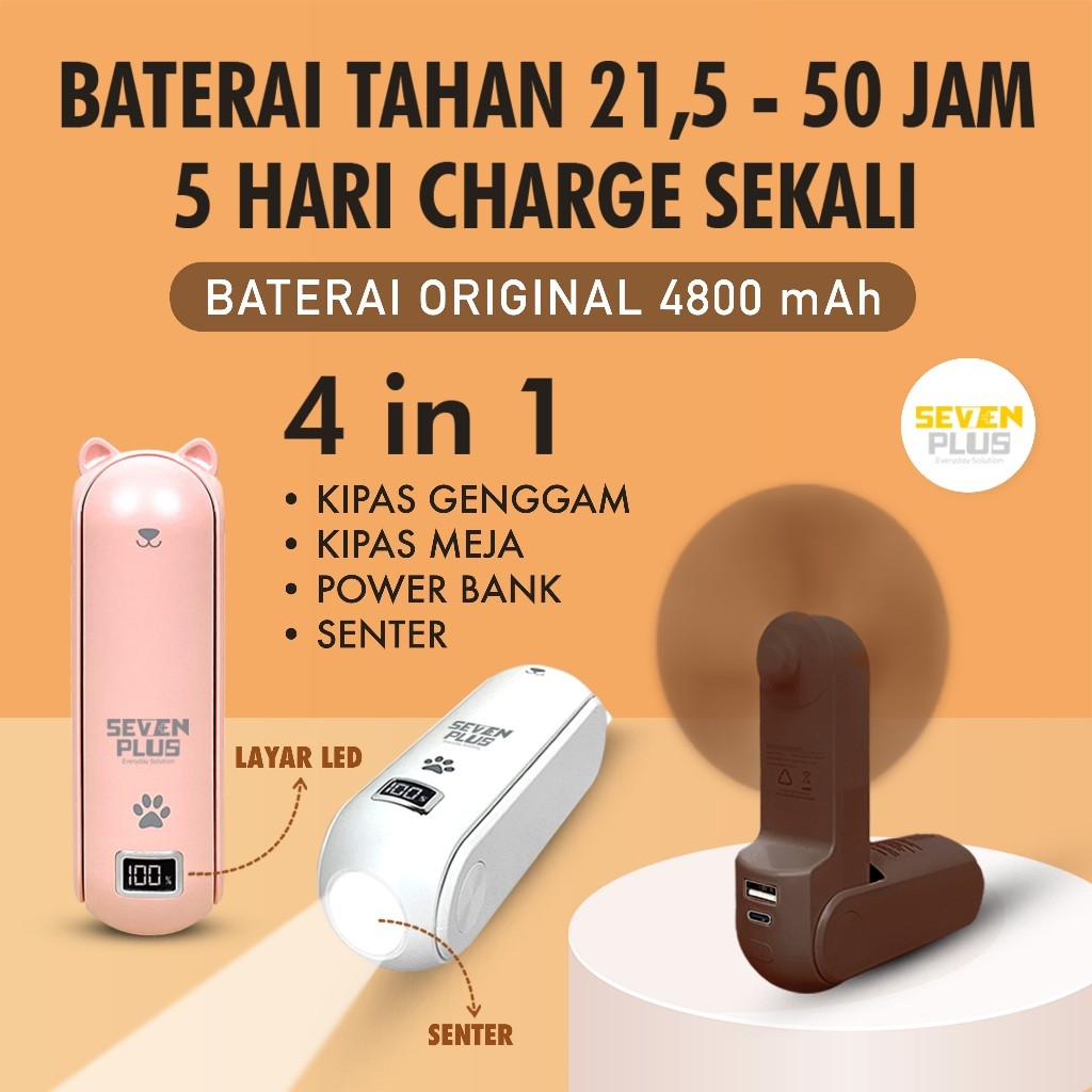 SevenPlus Kipas Angin Mini Portable Original 4800mAh Layar LED Multifungsi 4 in 1 kipas angin kecil portable fan mini pocket fan kipas angin lipat kipas angin meja kipas angin super mini premium berkualitas kipas angin tahan lama rechargeable fan