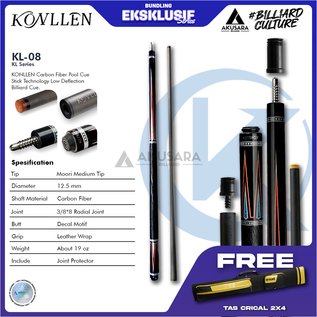 Jual Konllen KL-08F 12.5mm Carbon Fiber Cue Stick Billiard