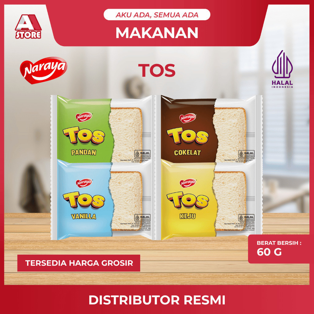 Jual NARAYA TOS 60gr Roti Lembut Isi Coklat / Keju / Vanilla / Pandan ...