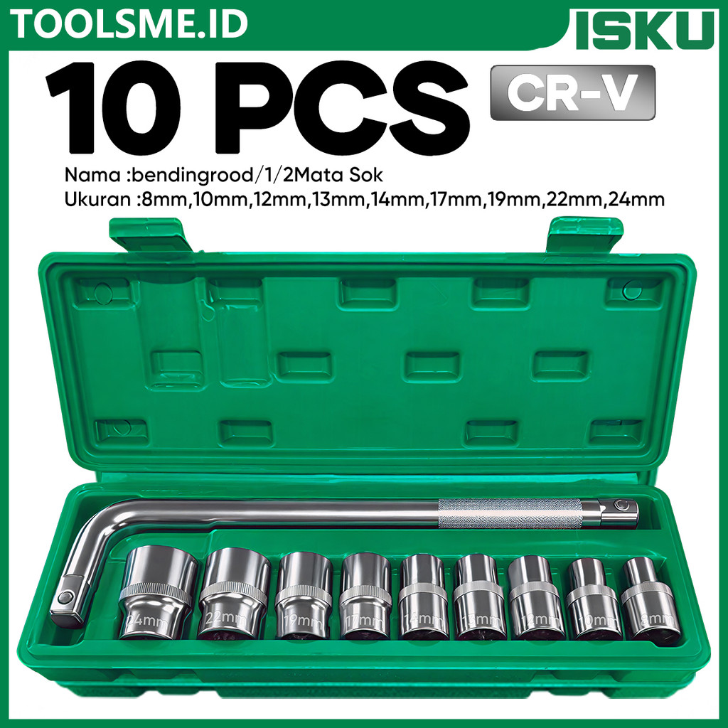ISKU Kunci Sok Set ANTI-SLEK 10PCS 1/2 Impact Deep Socket 8-24mm CR-V Extra Panjang Tool Kit Bengkel Mobil