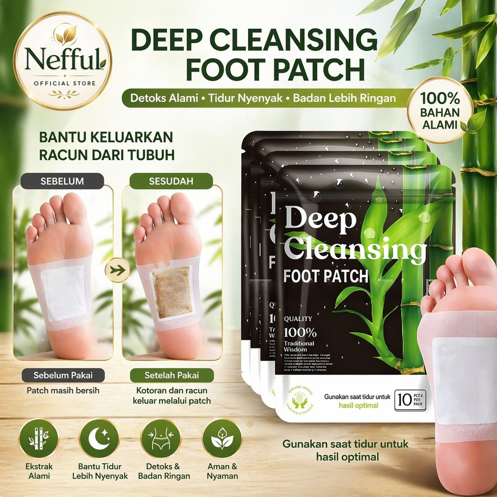 NEFFUL Koyo Kaki Bamboo Detox Foot Patch 10PCS Koyo Kaki Penyerap Racun Di tubuh Saat Tidur Deep cleansing foot patch Koyo Buang Racun Tubuh koyo Pelangsing badan Mengecilkan perut buncit detoksifikasi kecantikan Kaki Detox Foot Patch