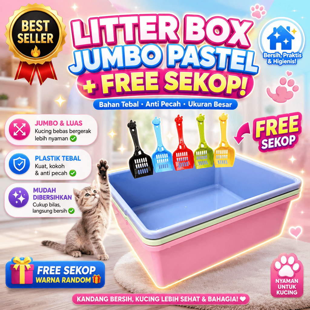 Jual [FREE SEKOP] LITTER BOX KUCING JUMBO WARNA PASTEL UKURAN 38 X 32 X ...