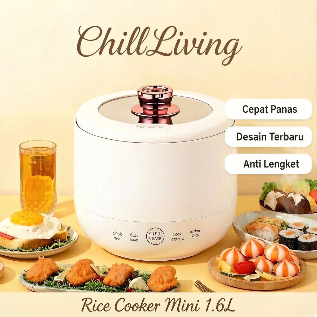 ChillLiving Rice Cooker Mini 1.6L 400W - Magic Com Elektrik untuk 1-2 Orang, Masak Cepat