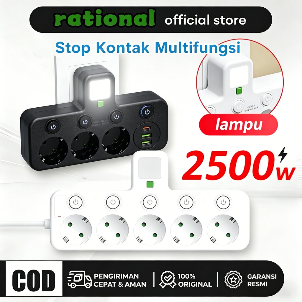 Jual Stop Kontak Multiguna Lamp LED 5 Port USB Type-C 2500W Tahan Api ...