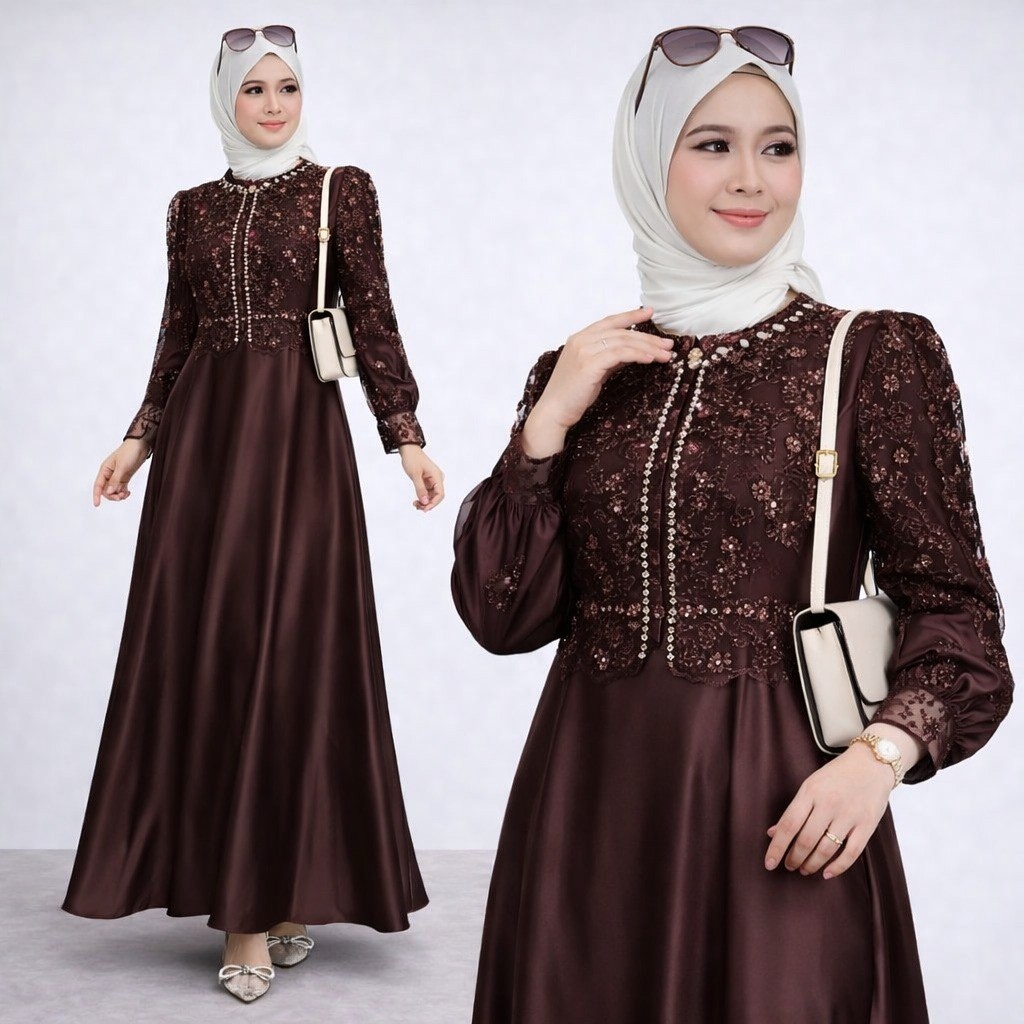 COD - Sakura Dress Gamis Muslim Matt Silk Mix Brukat All Size Fit To XL Besar OOTD Pesta Kondangan