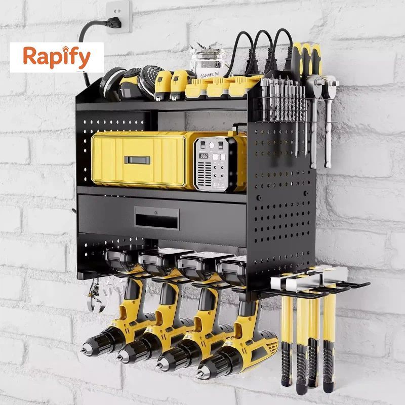 Rapify Rak Perkakas Multi Tingkat yang Dipasang di Dinding dengan Pengait dan Slot untuk Pengorganisasian Garasi Tempat Bor 6 Kompartemen