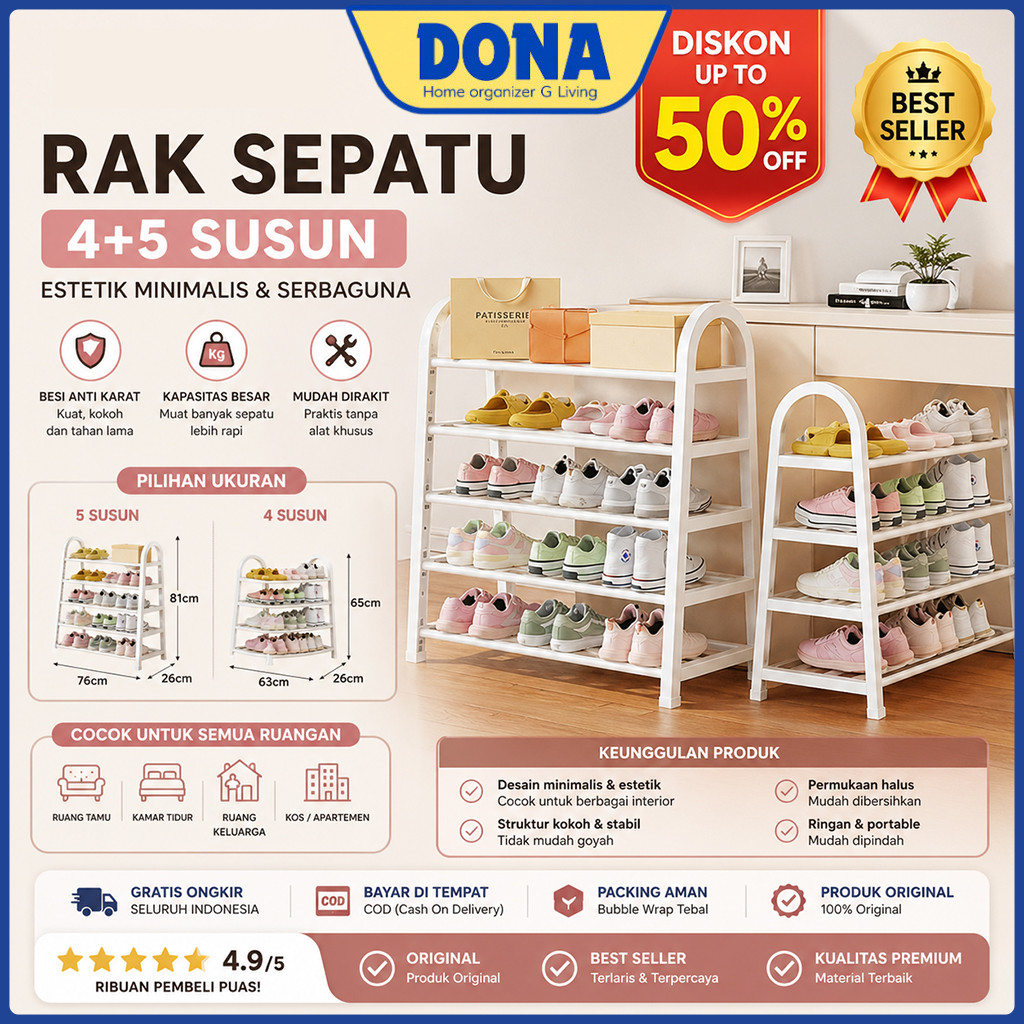 Jual DONA - Rak Sepatu Besi 4+5 Susun Estetik Minimalis | Anti Karat ...
