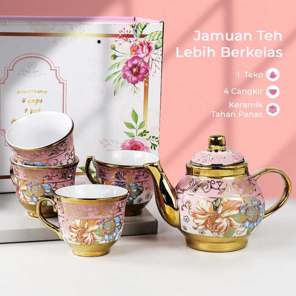 Cangkir Teko Keramik Set 4 Cups 1 Pot European Style - B140