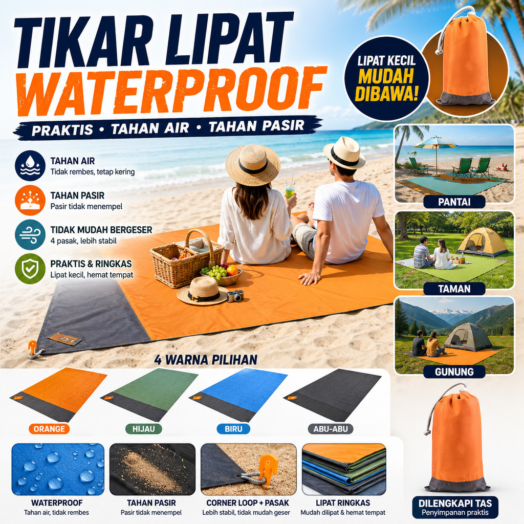 Matras Alas Tikar Lipat Camping Piknik Waterproof Outdoor 140x152cm Anti Air Portable Ringkas Hiking Gunung Pantai Taman Memancing Alas Duduk Tidur Nilon Tas Penyimpanan Travel Outdoor