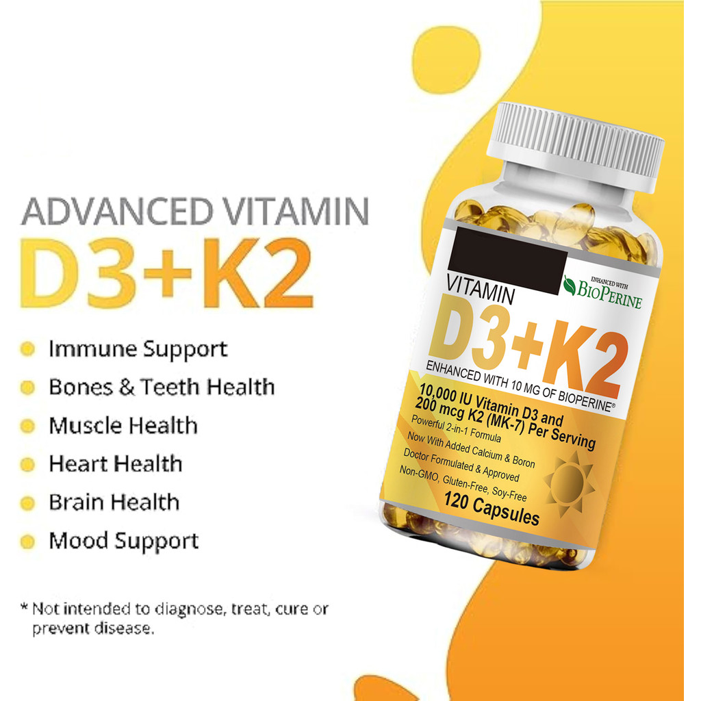 Jual Vitamin D3 K2 Capsules 10000 IU (250mcg) D3 + 200mcg K2 MK7 ...