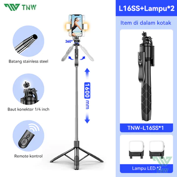 TNW L16 Tongsis Tripod Selfie Stick Bluetooth Remote Tripod Tongsis 360° Rotasi 1 4 Adaptor