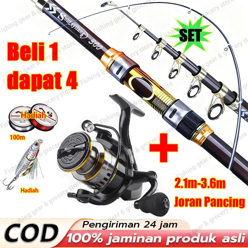 4 set Joran Set Telescopic Fishing Rod 2.1-3.6m Alat Memancing Lengkap Fishing Rod Spinning Fishing Reel HE500-7000 Max Drag 30kg Power Hand Fishing Set