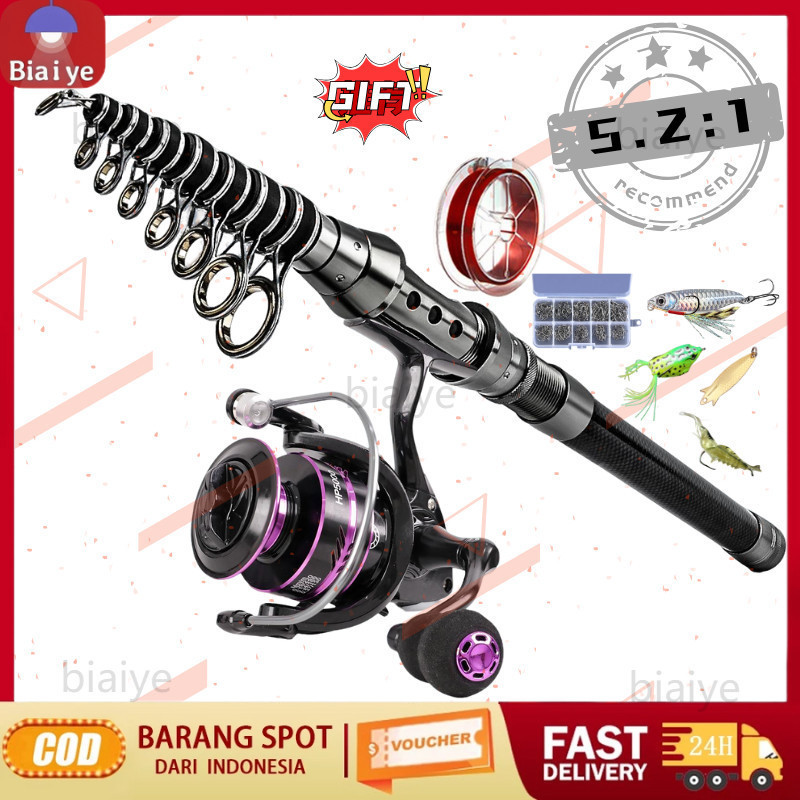 Pancing Set 1.8M-3.6M Joran Pancing Kaca Serat Teleskopik joran pancing laut dan 5.2:1 Rasio Gear 1000-4000 Ukuran Reel Pancing Fishing Rod Set untuk Memancing Di Luar Ruangan/BIAIYE