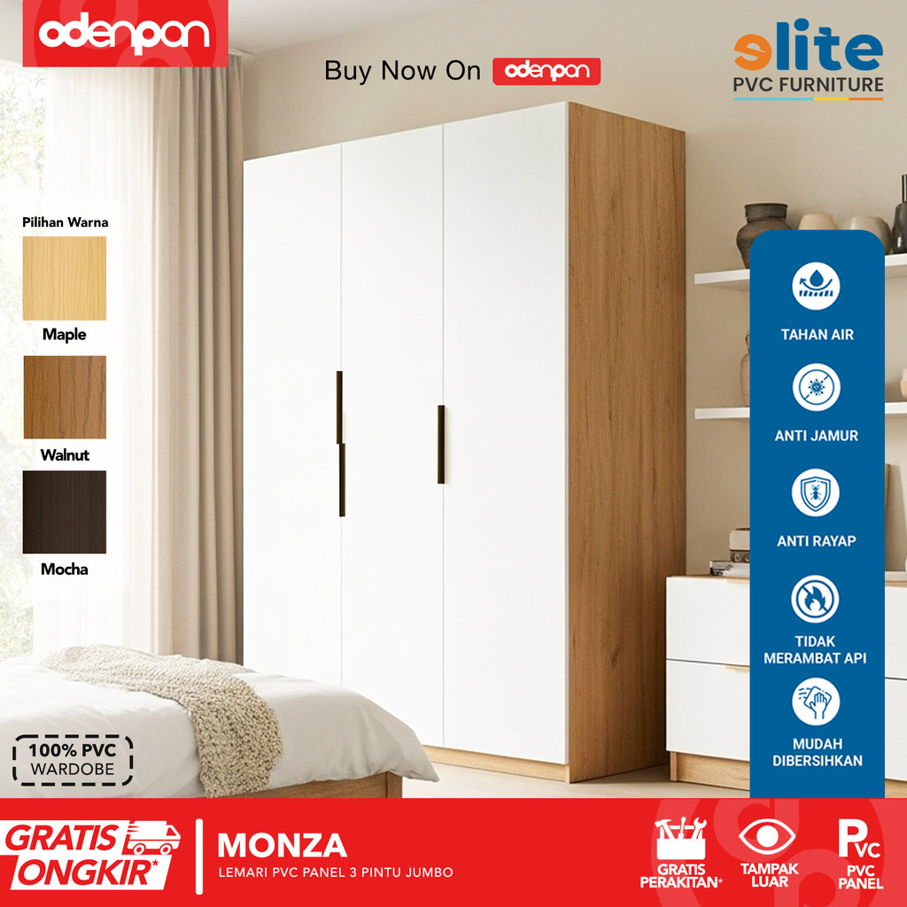 ELITE PVC - MONZA Lemari UPVC 3 Pintu Swing Jumbo Motif Kayu Minimalis