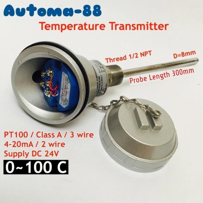 Jual Temperature Sensor Transmitter 4-20mA PT100 1/2 NPT probe 300mm ...