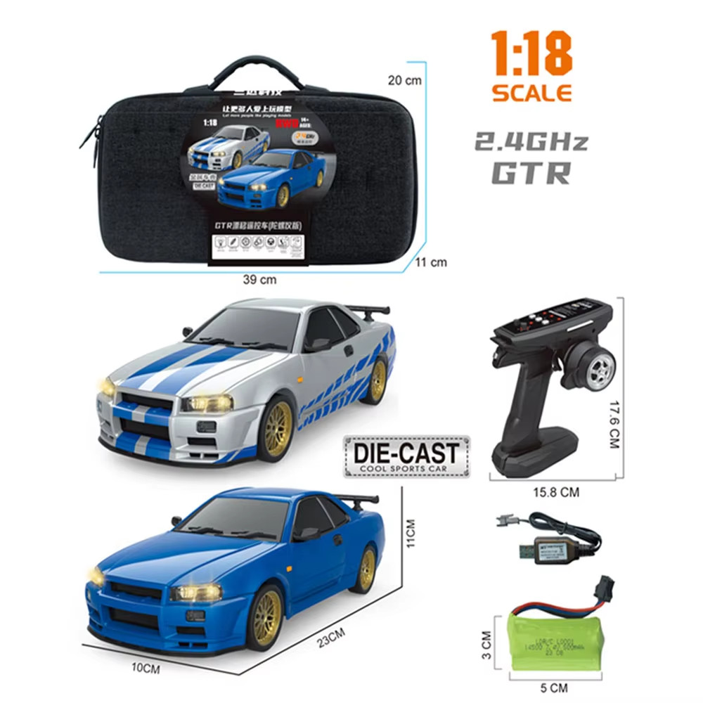 LD1898 Auto Drift Radiocomandata GTR R34 Scala 1/18: 2.4GHz RWD Con Giroscopio, Corpo In Metallo, Blu-Arancione