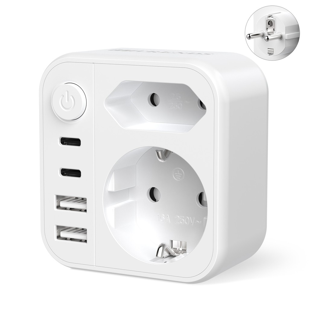 Jual 6-in-1 EU power adapter socket with Euro/Schuko plug USB C/USB ...