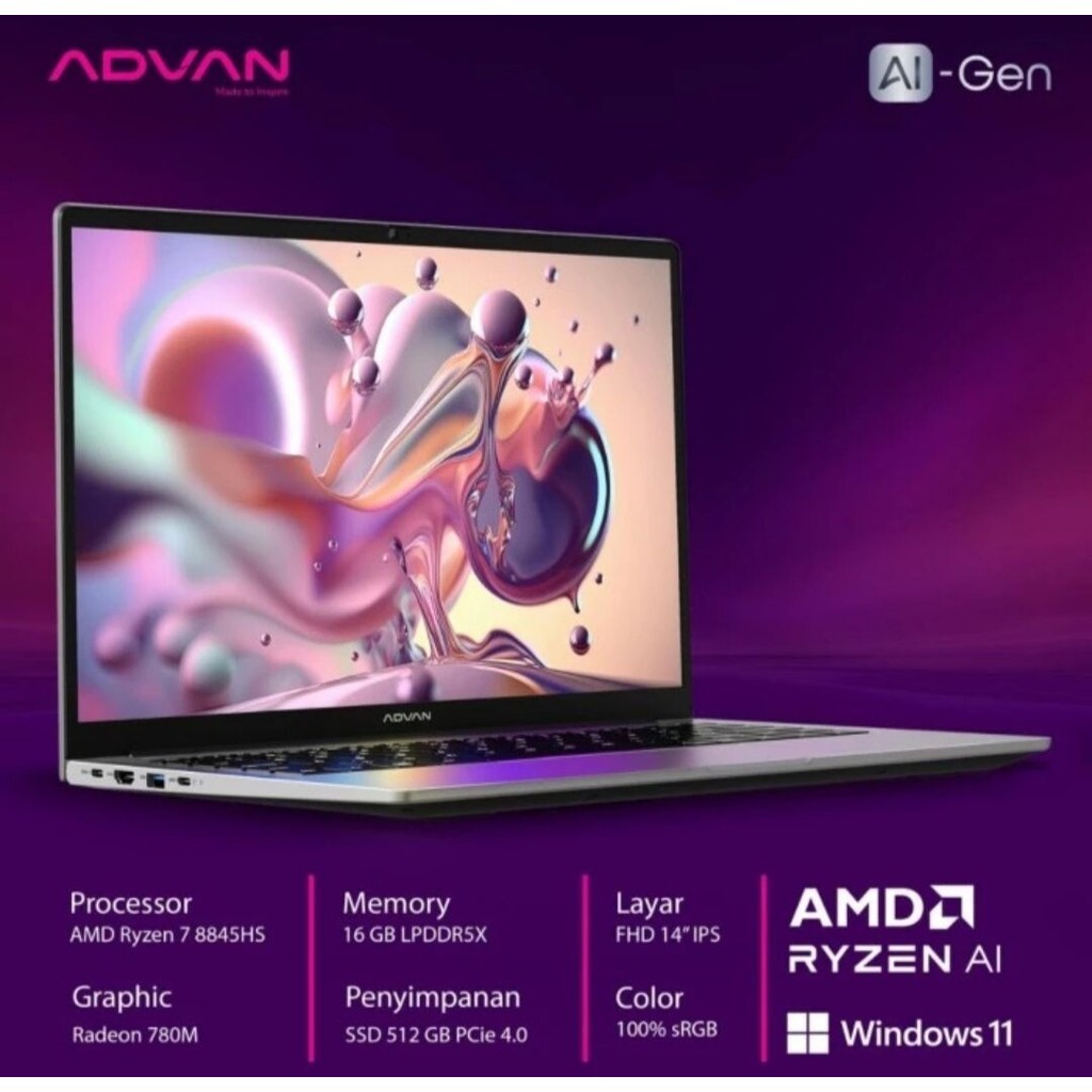 Advan Laptop AI Gen dengan AMD Ryzen 7 8845HS IPS 16GB 512GB