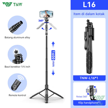 TNW L16 Tongsis Tripod Selfie Stick Bluetooth Remote Tripod Tongsis 360° Rotasi 1 4 Adaptor