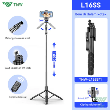 TNW L16 Tongsis Tripod Selfie Stick Bluetooth Remote Tripod Tongsis 360° Rotasi 1 4 Adaptor