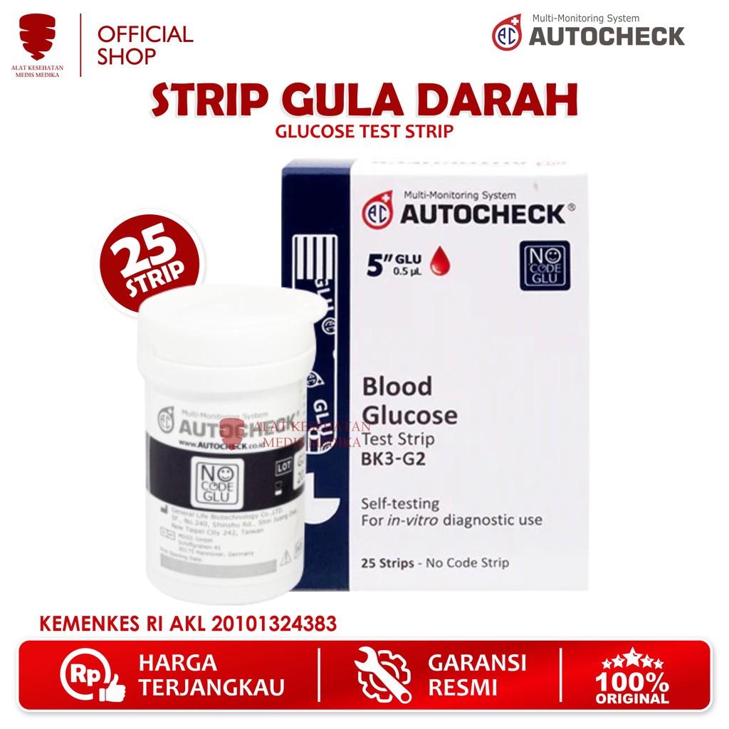 Jual Autocheck Blood Glucose Strip Test Tes Gula Darah Refill isi 25 ...