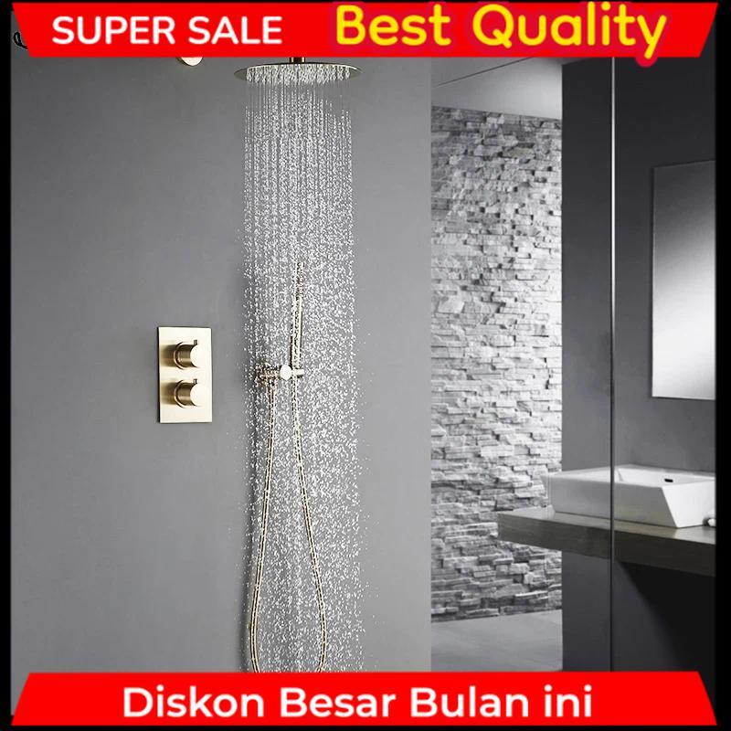 Jual Thermostatic Control Mixing Bathroom Faucet Brushed Gold Shower ...