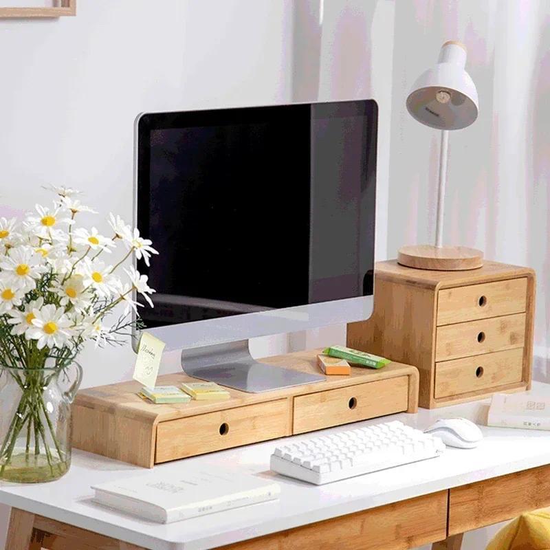 Jual Computer Monitor Elevated Rack Desktop Bamboo Storage with Drawer ...