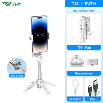 TNW T26 Mini Selfie Stick Extendable Grip Tripod Bluetooth Remote ControlTongsis Tripod