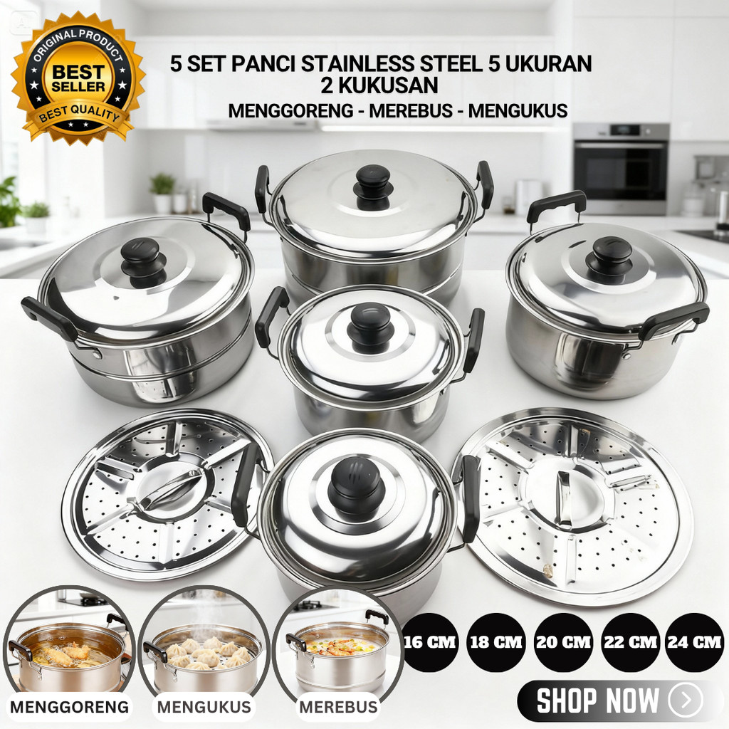 Jual SN COD Panci 5 Set + Tutup Sainless 5 Set + 2 Pcs Saringan ...