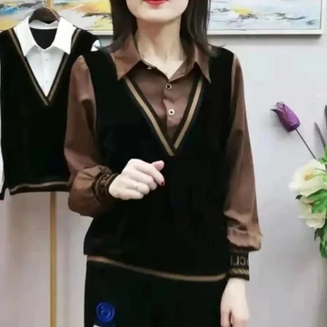 Women'S Shirt New Style Fake Two Piece Loose Slimming Rhinestone Fake Two Piece Shirt