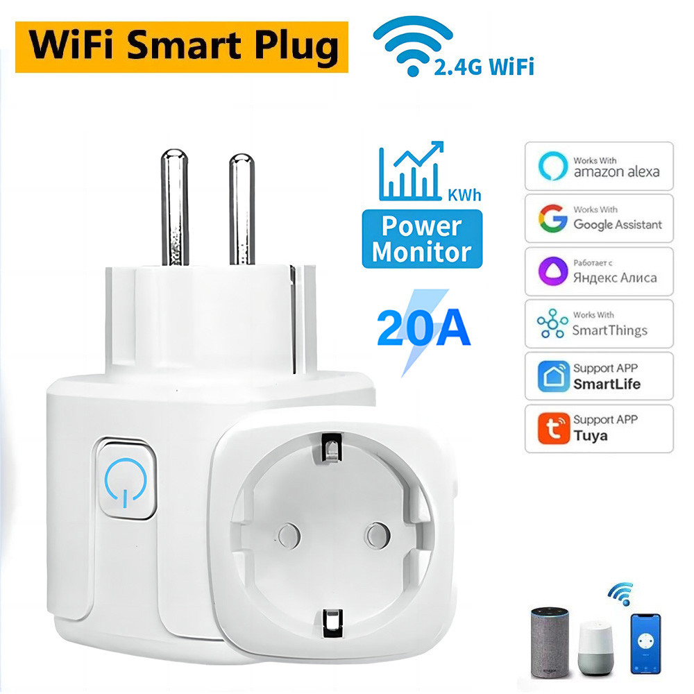 Jual 20A EU Smart Plug Tuya Wifi Socket Voice Control Remote for Alexa ...